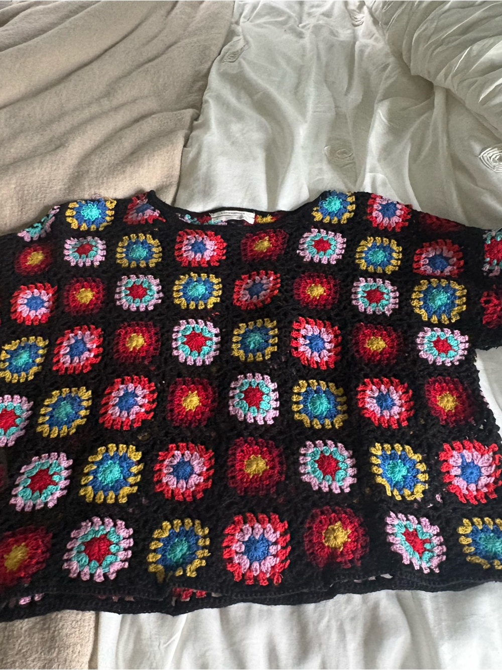 Anthropologie Black Multicolor Crochet Square Sweater